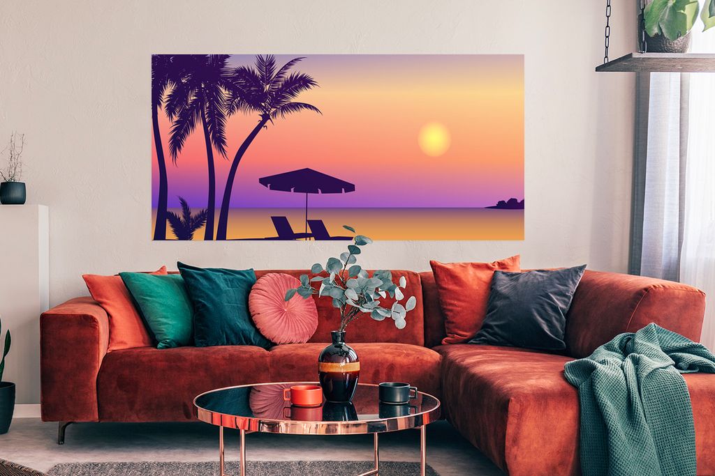MuchoWow Poster Strandkorb - Sonnenschirm - Sommer - Illustration 160x80 cm - Foto Poster