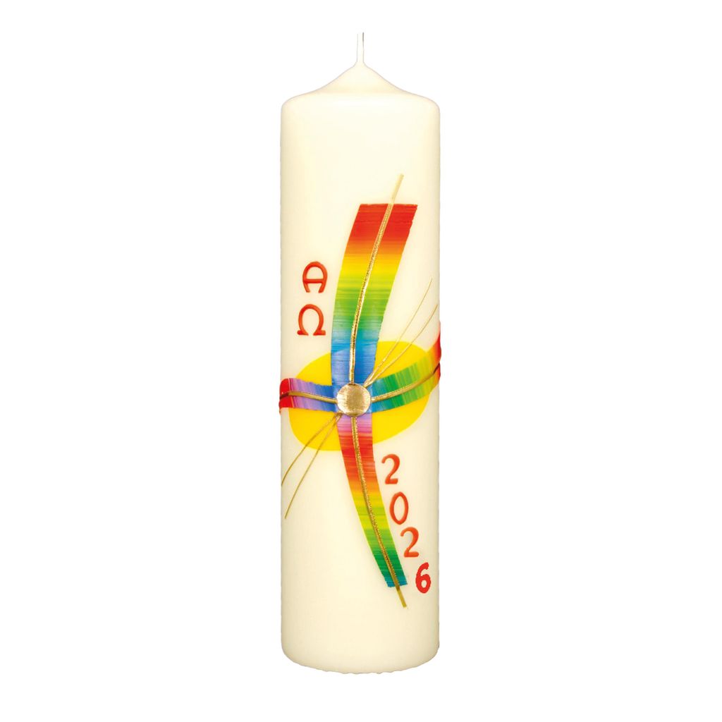 Osterkerze Regenbogenkreuz, A und O, Jahreszahl 270 x Ø 70 mm