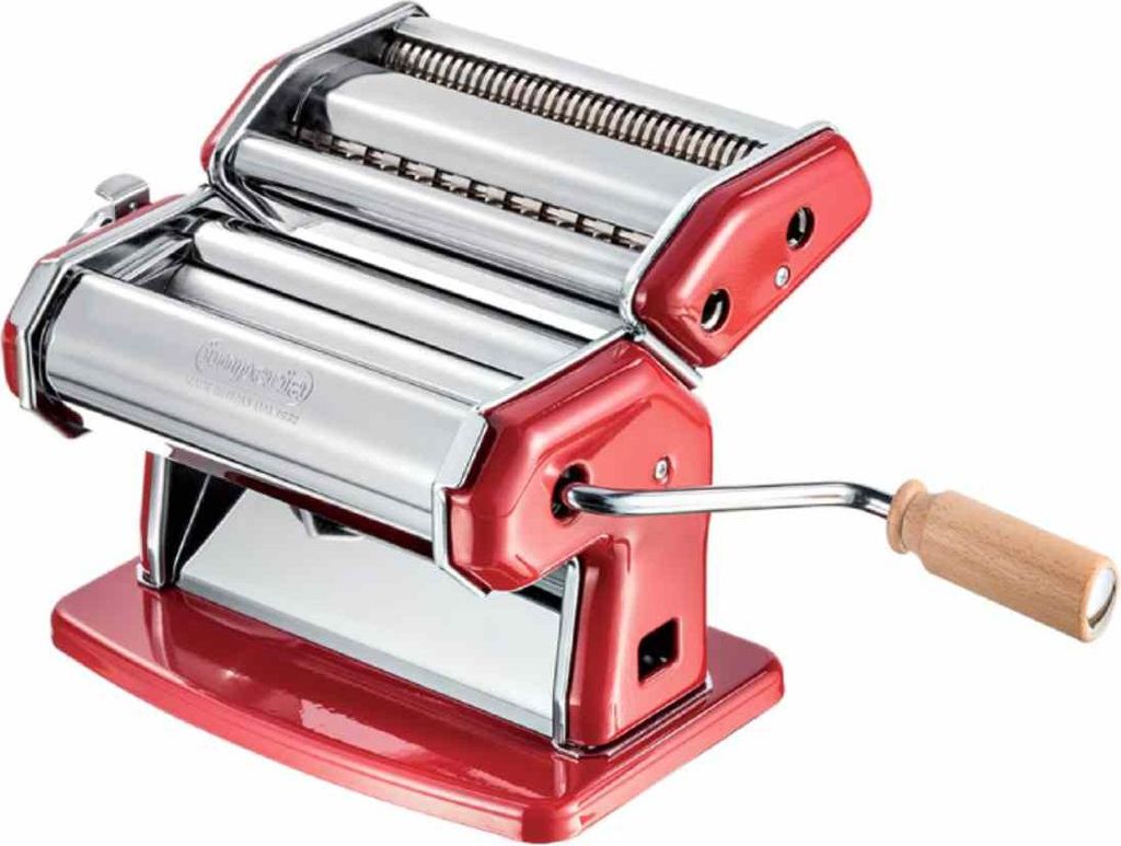A red and silver pasta maker with a wooden handle on a white background.