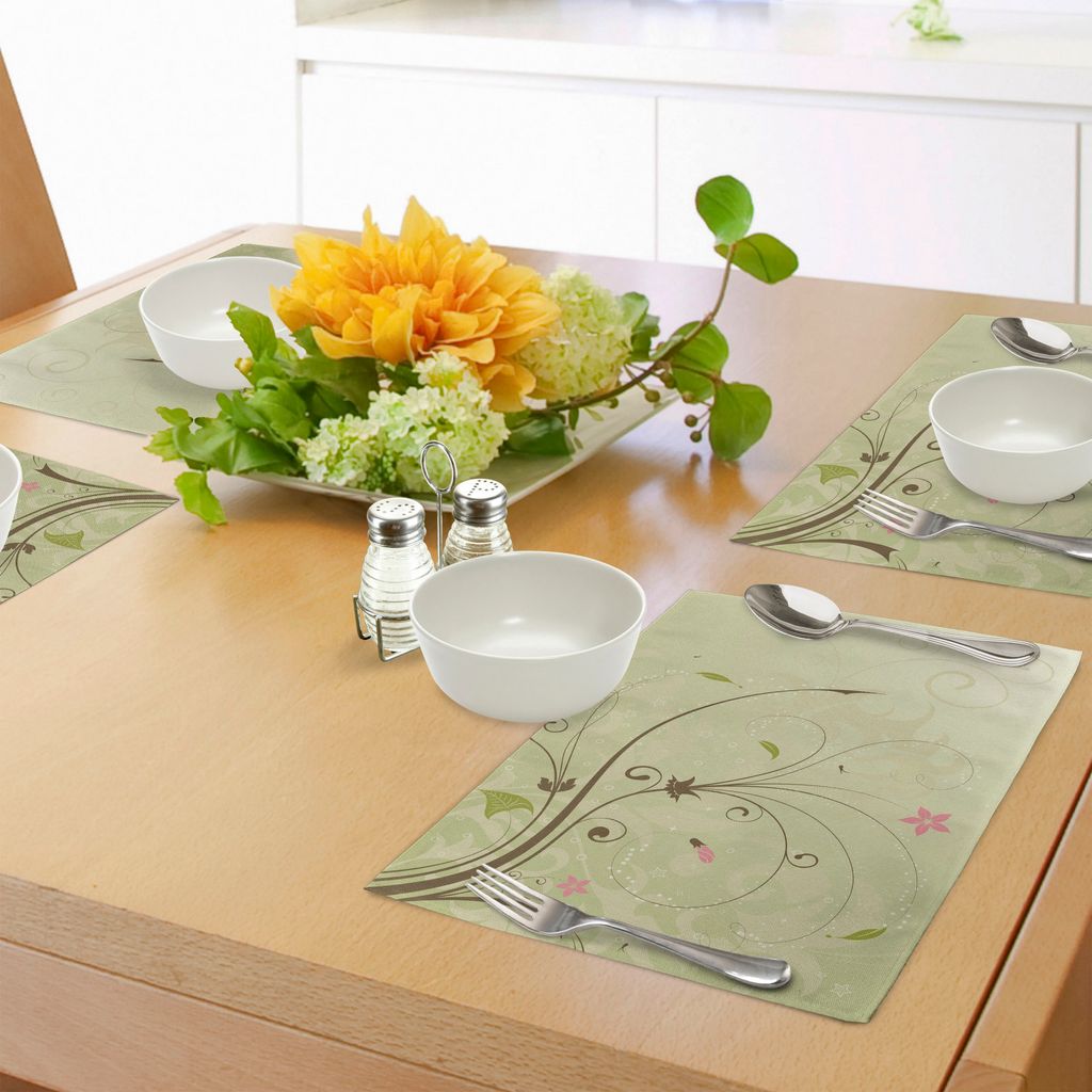 ABAKUHAUS Grün und Braun Platzmatten, Blumengesteck mit Wirbel-Linien Blumenblatt knospt abstrakten Blumenstrauß, Tiscjdeco aus Farbfesten Stoff ...
