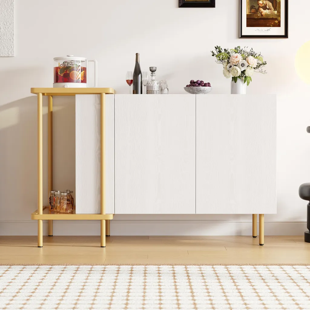 Fortuna Lai Moderno sideboard bianco con 2 ante e 2 ripiani aperti, tavolino in metallo/vetro, bianco, 120 x 40 x 77,5 cm (LxPxA)