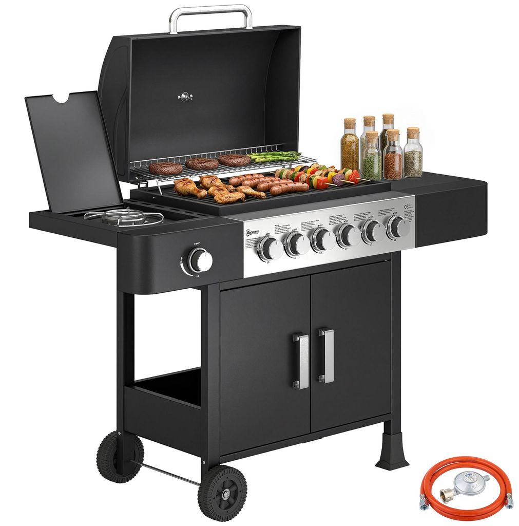 Outsunny Gasgrill 17,8 KW 6+1 Brenner BBQ Grillwagen aus Edelstahl Gas-Grill