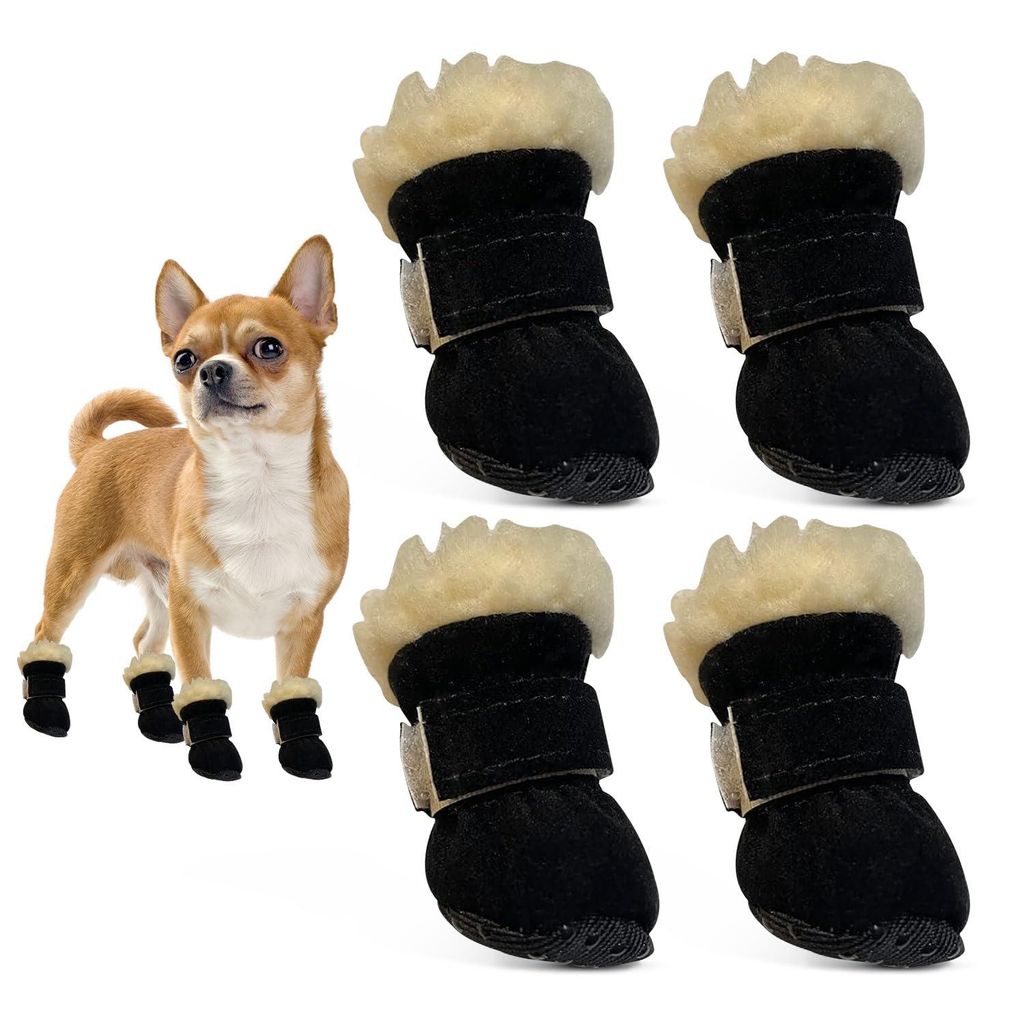 4 Stück Hundeschuhe Pfotenschutz, Hundeschuhe Winter Anti Rutsch, Schneestiefel Hunde, Plüsch Hundestiefel für Kleine und Mittlere (Schwarz, S)