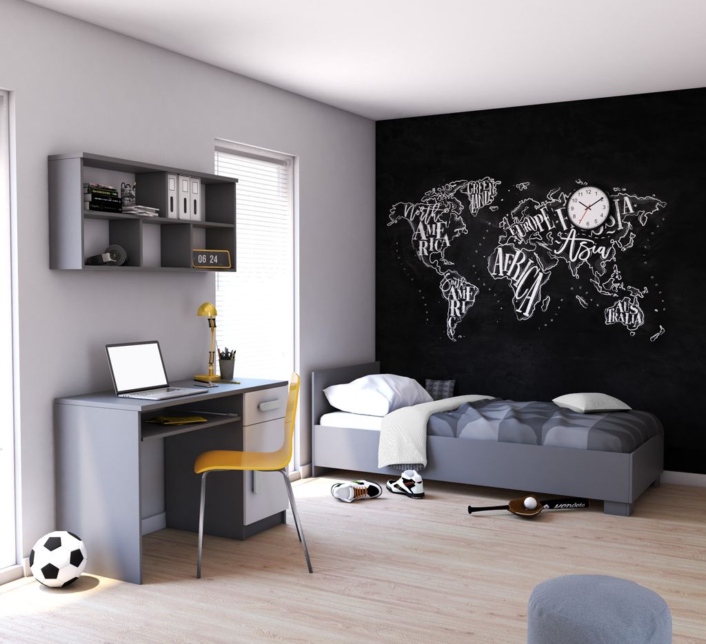 Kinderzimmer-Set Bett, Wandregal, Schreibtisch Grau/Weiß mit weißen Griffen ohne Matratze JONAS V3