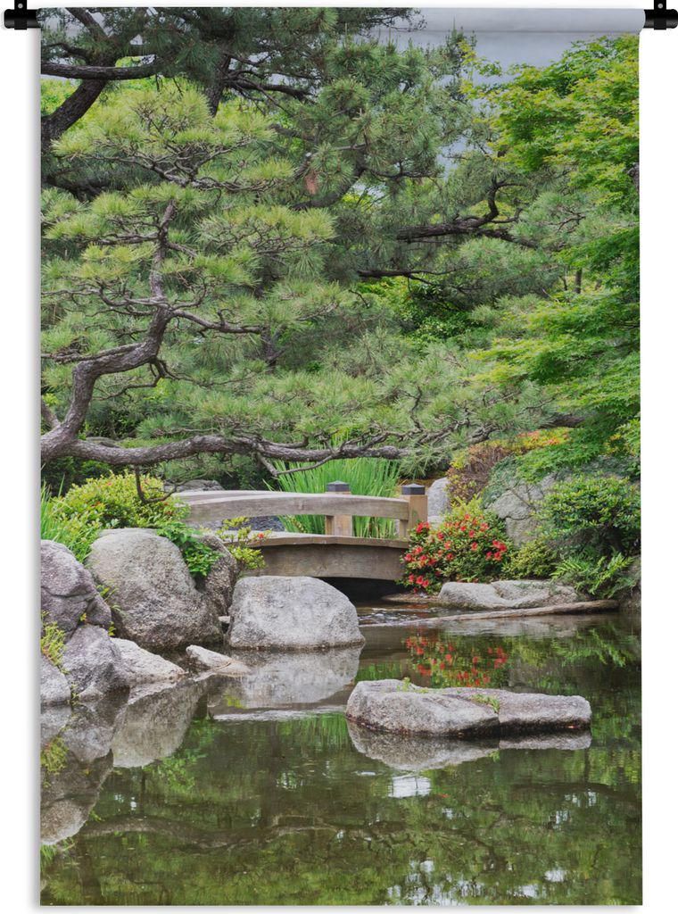 MuchoWow Wandteppich Wandbehang Japanisch - Natur - Wasser - Steine - Bäume 60x90 cm Tapisserie Dekoration Wandtuch - Foto-Teppich - Abwaschbar