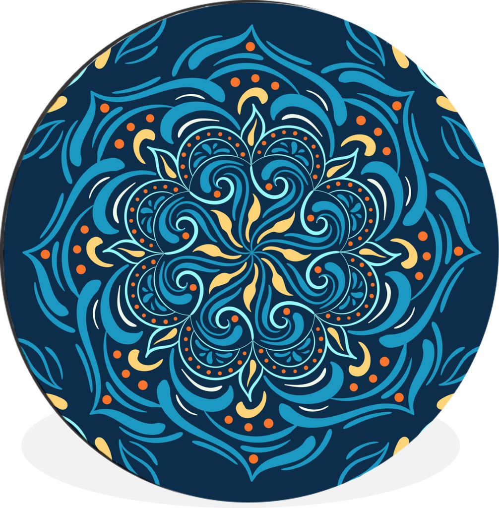 MuchoWow Aluminium Wandkreis Mandala - Blau - Gelb - Muster Ø 60 cm Wanddeko Modern Wohnzimmer - Wand Kreis - Wandbild - Schlafzimmer - Aluminiu...