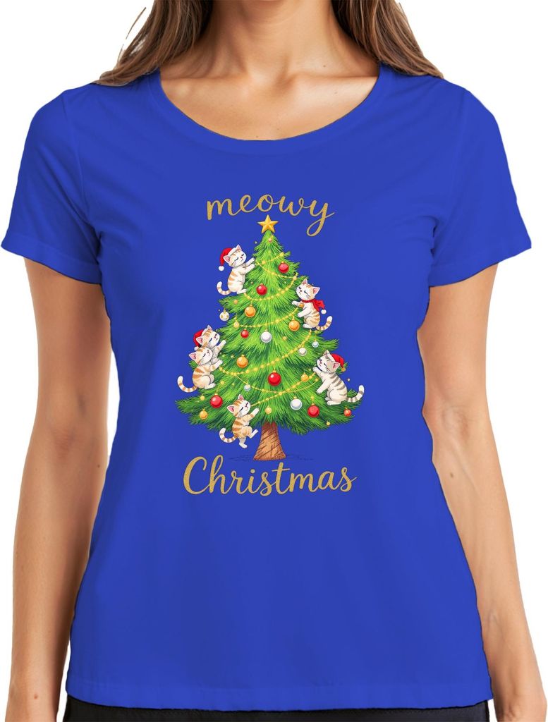 meowy Christmas Katzen Weihnachtsbaum niedlich Katzenliebhaber Damen T-Shirt, Blau, S