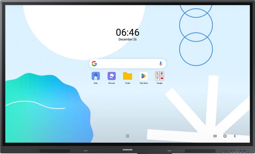 A Samsung interactive display showing a digital interface with time, date, and app icons.