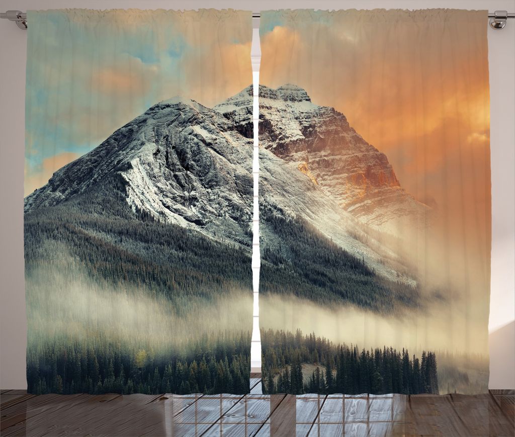ABAKUHAUS Berge Rustikaler Gardine, Snowy Peak Mountain, Schlafzimmer Kräuselband Vorhang mit Schlaufen und Haken, 280 x 175 cm, Orange Grau