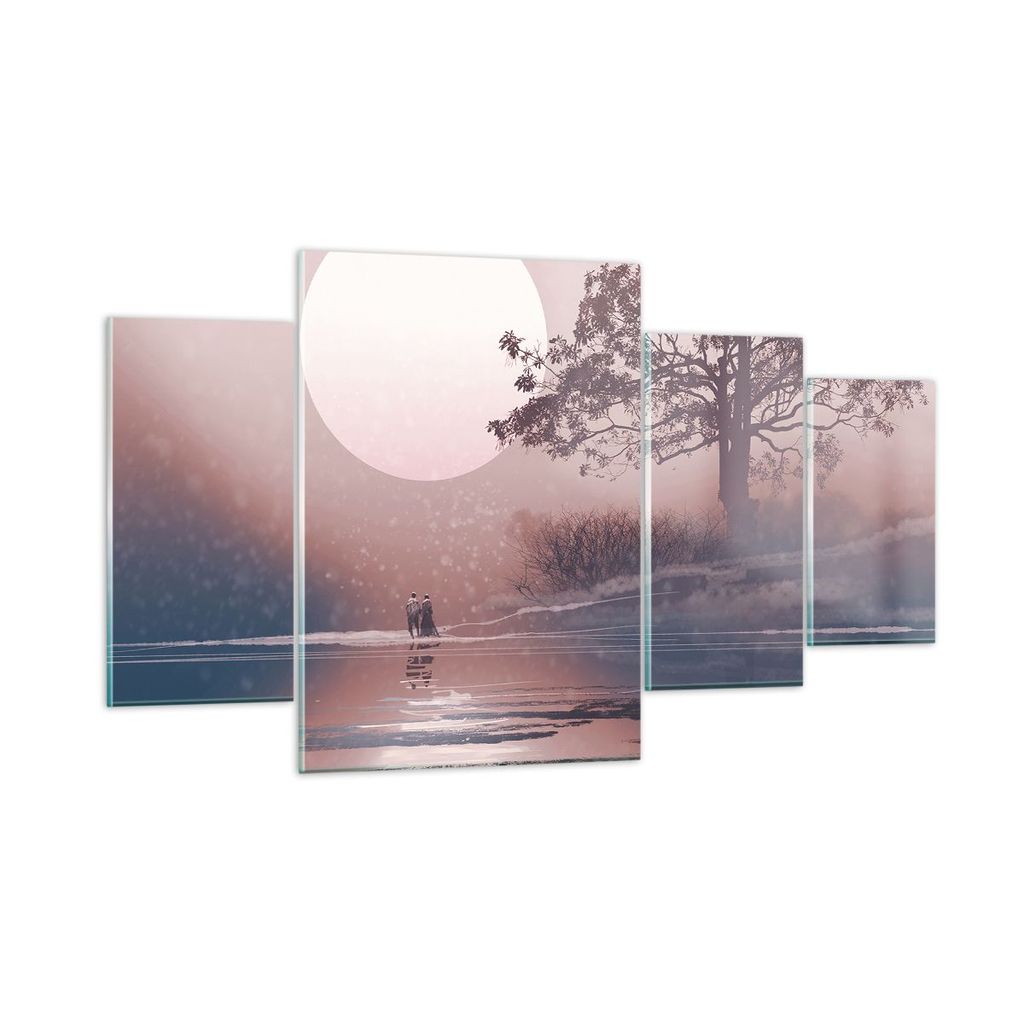 Bilder auf glas - 4 Teile - Mond Paar Baum - 160x90cm - Glasbilder - Wandbilder - Bilder - zum Aufhängen bereit - Wanddekoration aus Glas - Glas B...