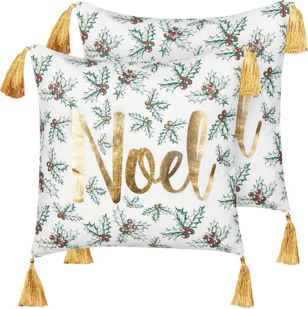 BELIANI Dekokissen 2er Set Cremeweiß und God Baumwollbezug mit Füllung Schriftzug Quadratisch 45x45 cm Weihnachtsmotiv Reißverschluss Wohnzimmer...