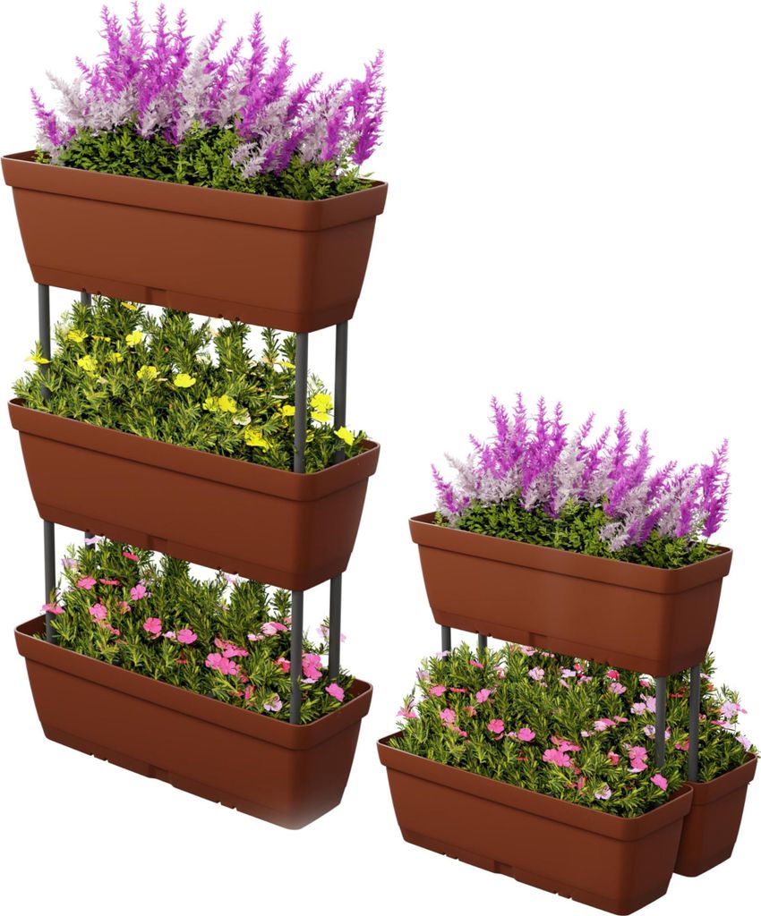 GOPLUS 6 Stück Pflanzkästen, Blumenkasten aus Kunststoff, mit Netzmatten & Entwässerungslöchern, Gartenbeet Pflanzentreppe für Terrasse (Rot)