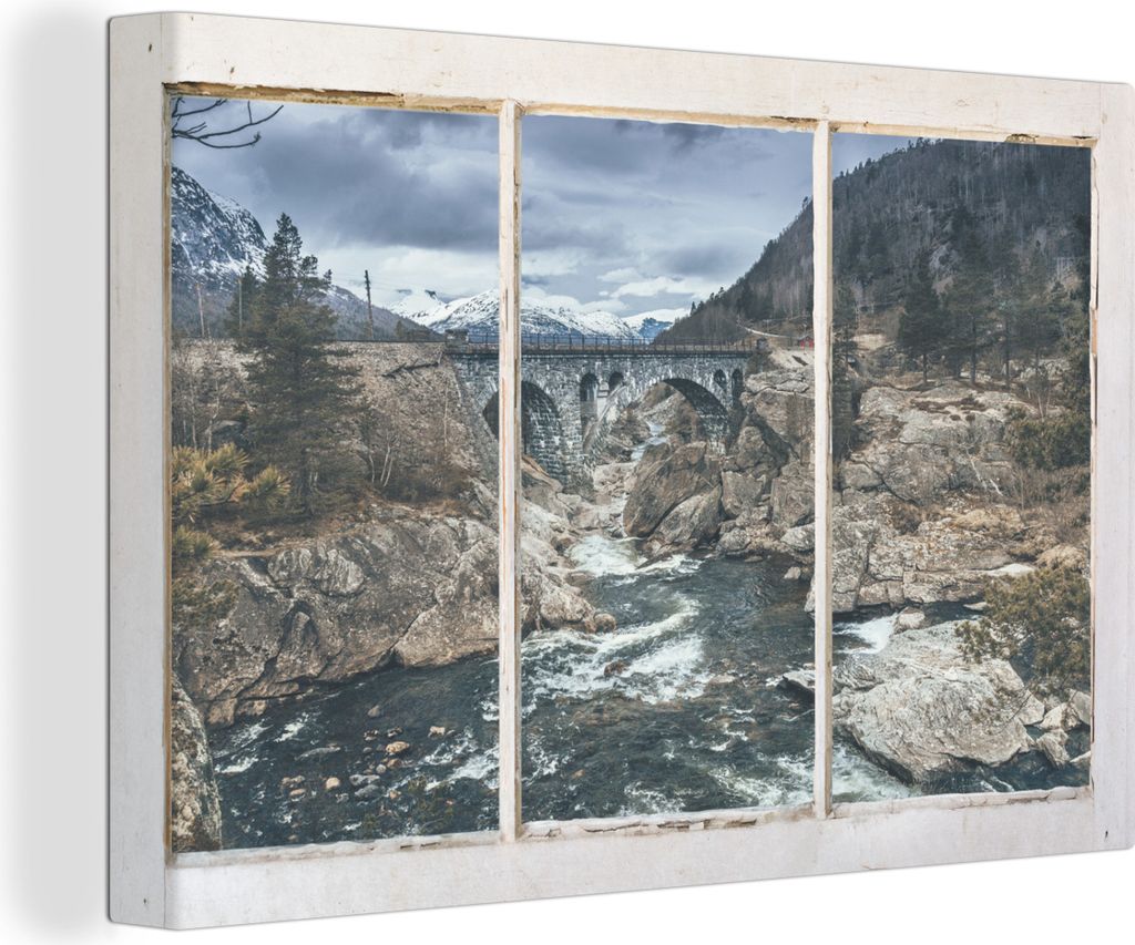 OneMillionCanvasses - Leinwandbilder - 150x100 cm, Aussicht - Brücke - Wasser, - Geöffnetes Fenster - Fensterblick Schlafzimmer Kunstdruck Wand...