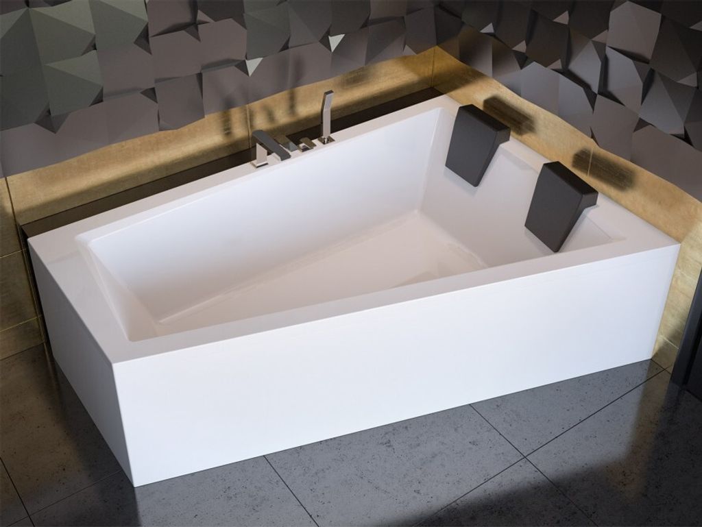 A modern white bathtub with two black headrests is shown in a bathroom setting with a textured dark gray wall and gray tiled floor.