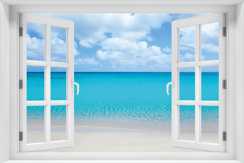 Wallario Wandbild aus Acryl, 60 x 90 cm, freischwebende Optik - Sandstrand und blaues Meer mit Fenster-Illusion