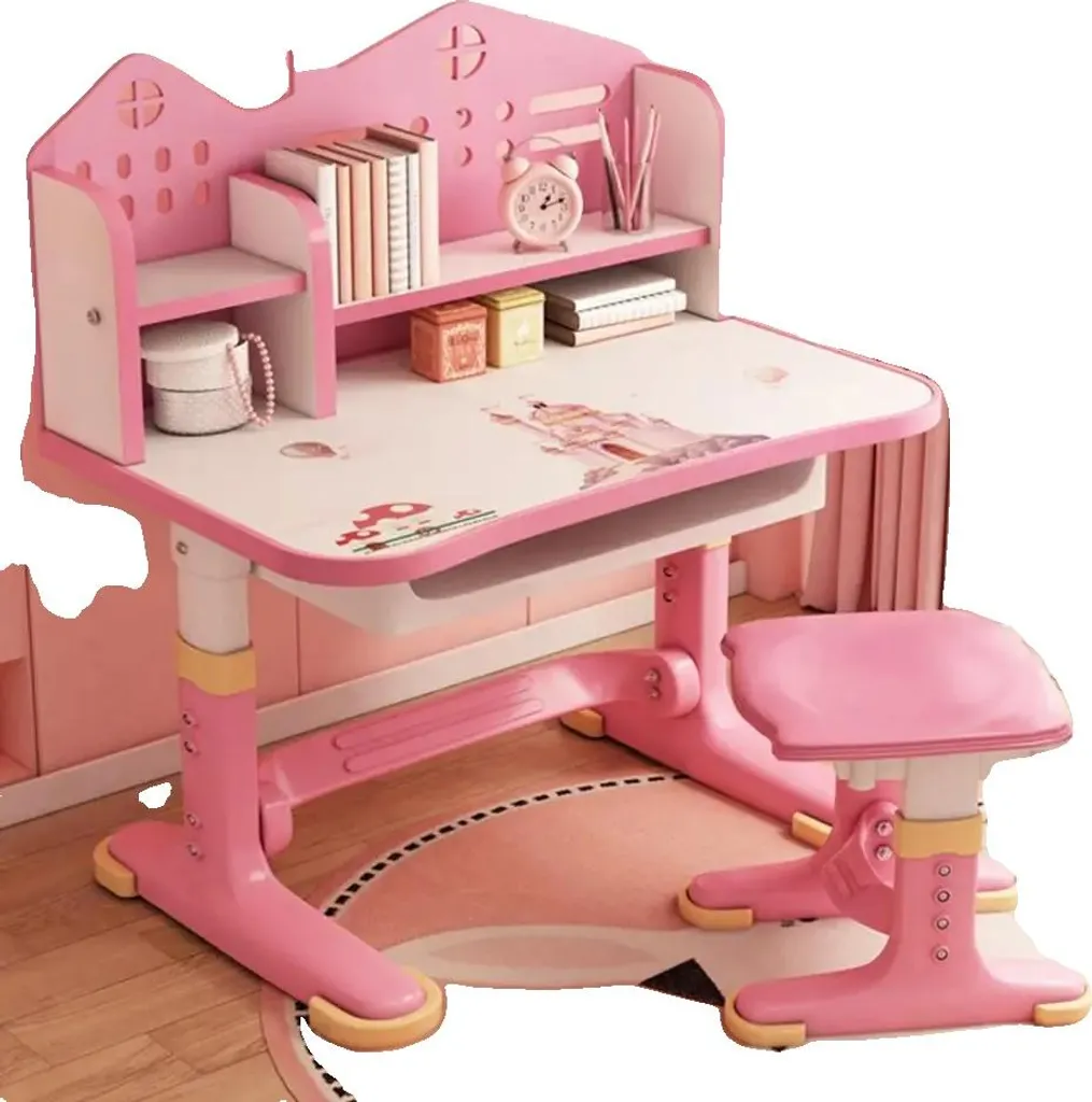 Bureau enfant ergonomique rose avec chaise assortie et hauteur réglable