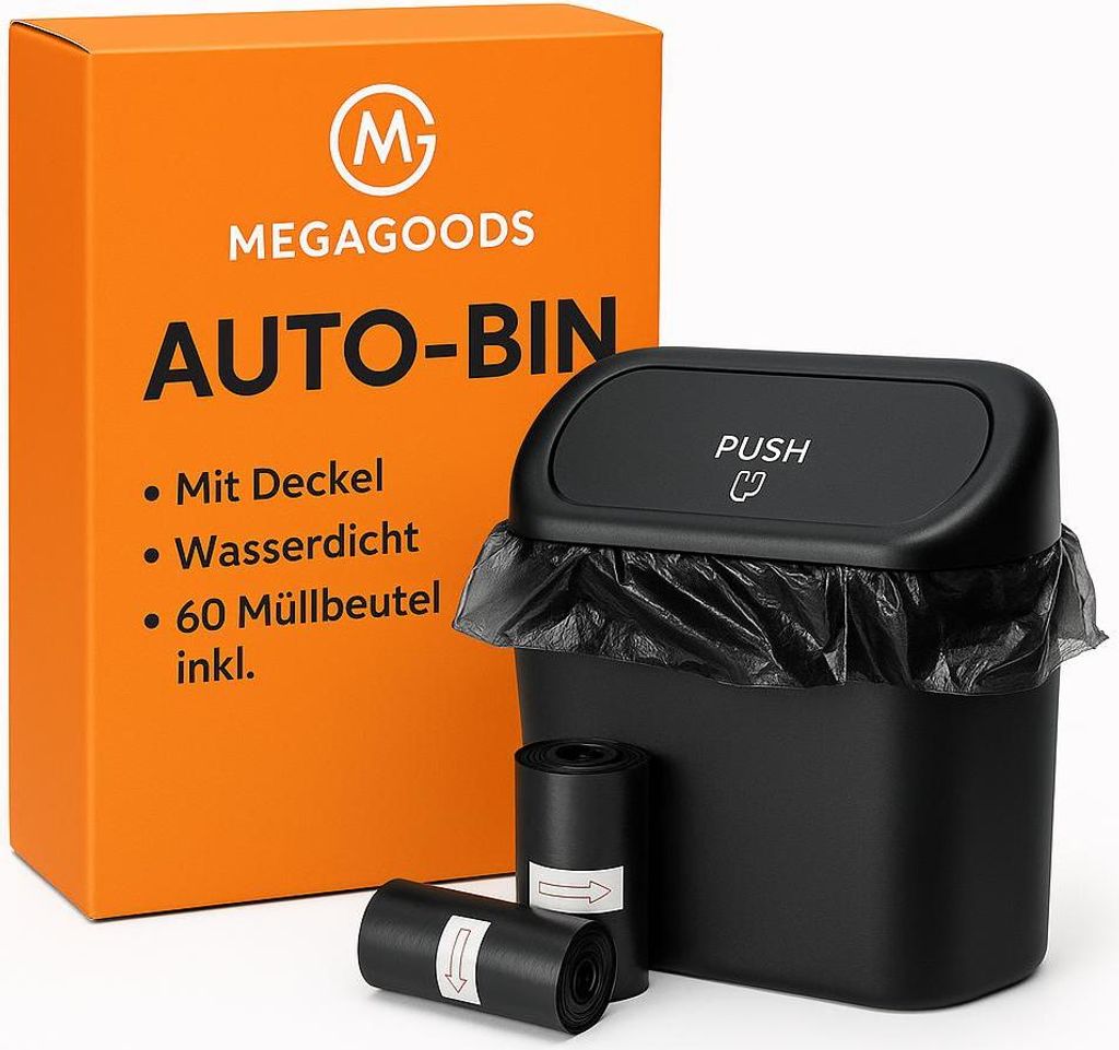 Auto-Mülleimer mit Deckel inkl. 60 (300) Beutel, wasserdicht, klein DE.