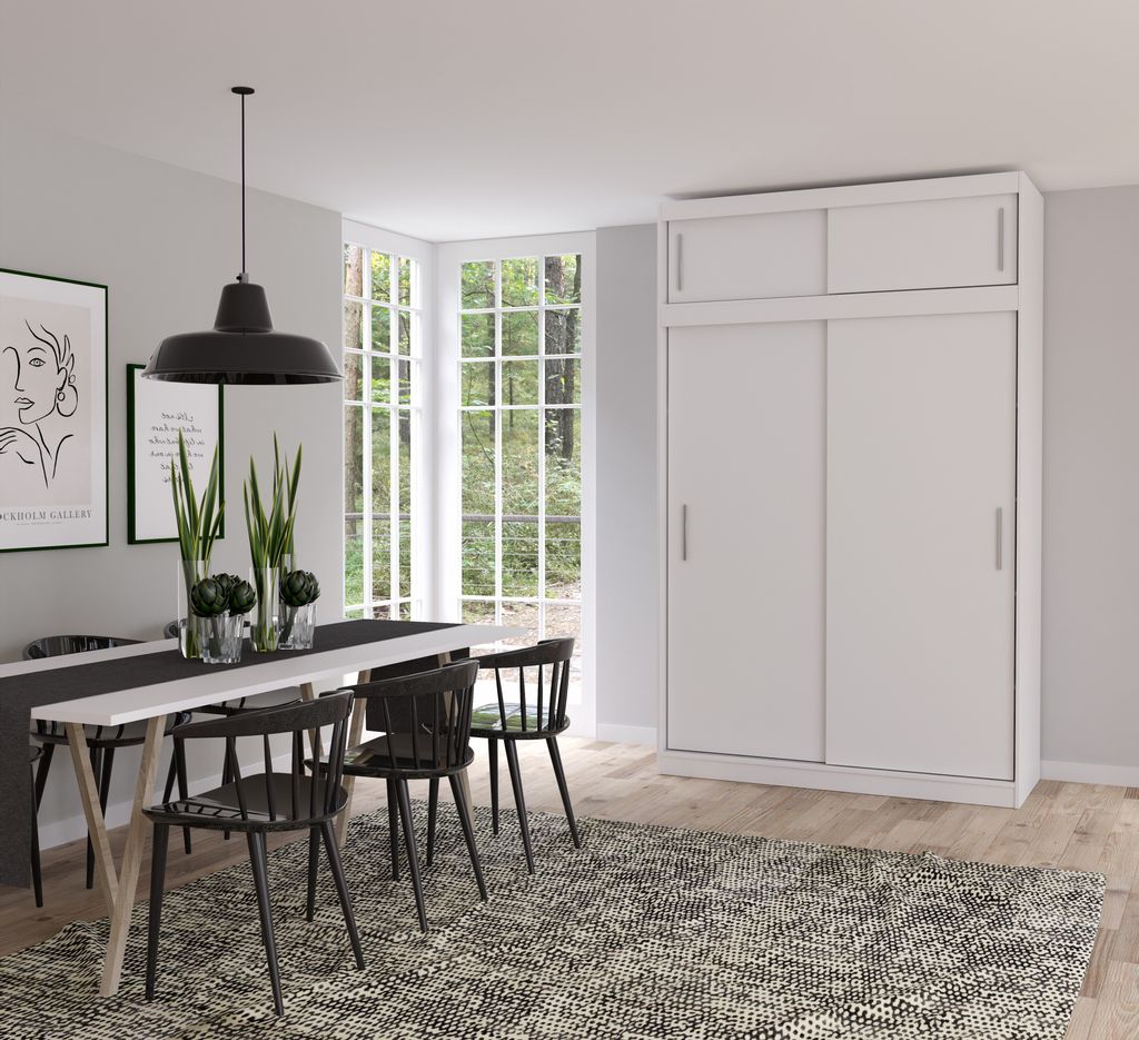 Schwebetürenschrank Kleiderschrank Schrank 150cm mit Aufsatz 150/45/61cm Weiß/Weiß Vista 04