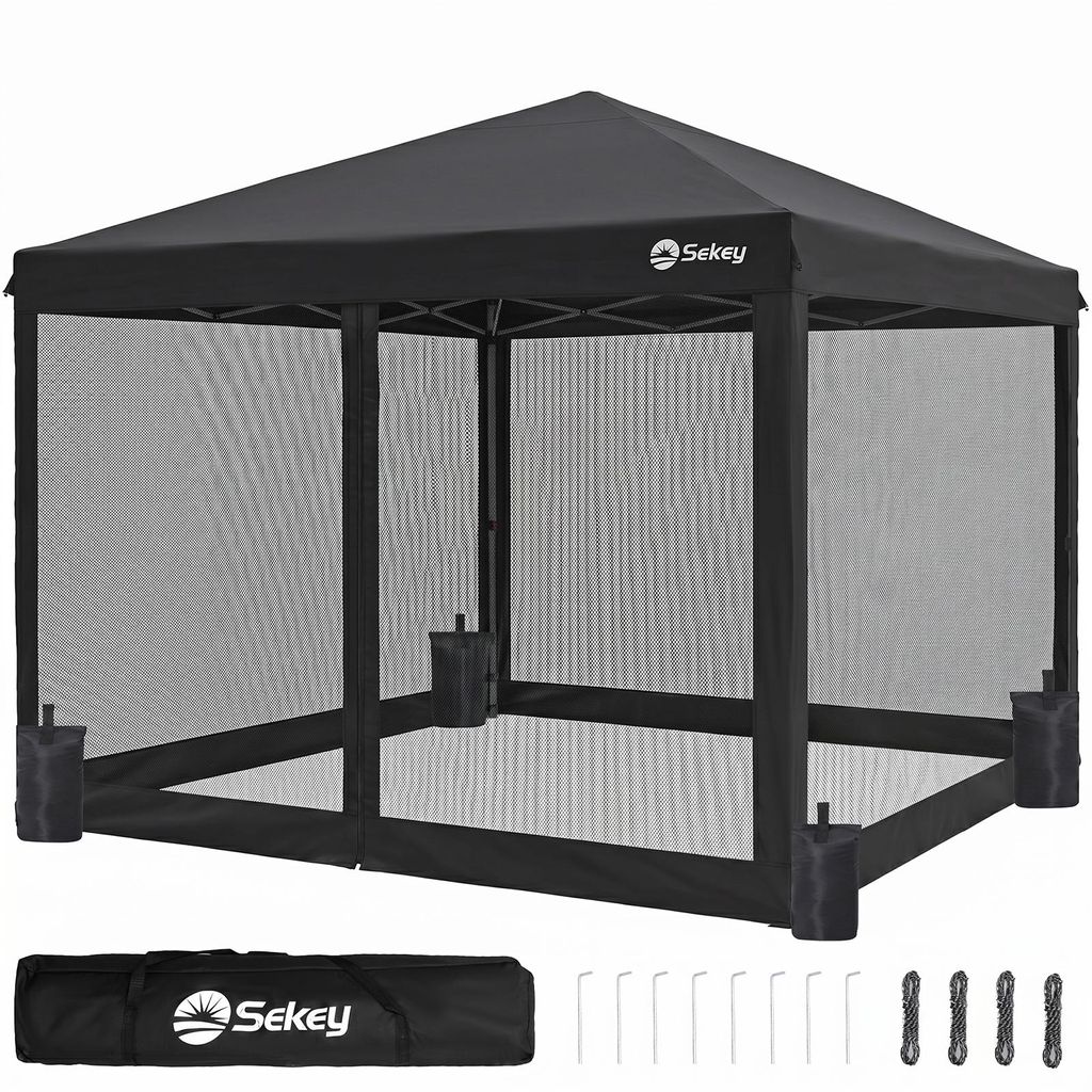 Sekey Faltpavillon 3x3m Pop Up Pavillon mit Moskitonetz, Wasserdichter Gartenpavillon höhenverstellbar inkl. 4 Sandsäcke für Garten Party Camping