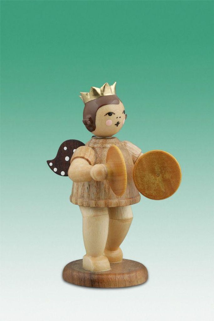 Holzfigur Musikantenengel mit Becken und Krone natur Höhe 6cm NEU
