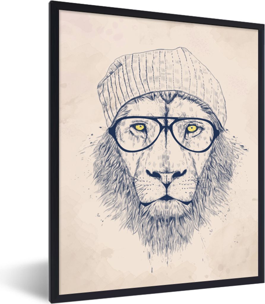 MuchoWow Gerahmtes Poster Löwe - Brille - Hut - Tiere 60x80 cm - Poster mit Schwarzem Bilderrahmen Wandposter Rahmen Foto Bilder - Premium - Wan...