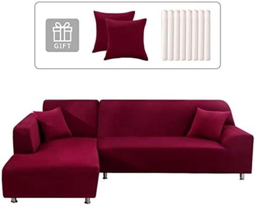 Elastische, wijnrode L-vormige bank met schiereiland, links/rechts, 2 kussenslopen, universeel ontwerp, 2-zits + 2-zits chaise longue