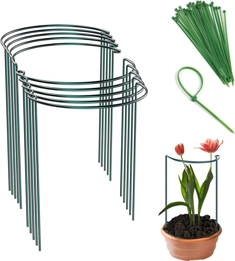 Set aus 8 Garten-Stützstäben mit Ring und 20 Elementen zum Binden von Pflanzen