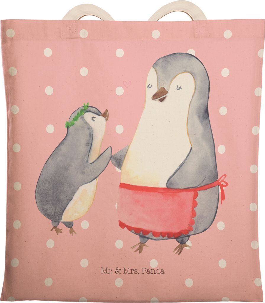 Mr. & Mrs. Panda Beuteltasche Pinguin mit Kind - Rot Pastell - Geschenk, Einkaufstasche, Familie, Tragetasche Bedruckt, Muttertag, Mama, Mami, Tasc...