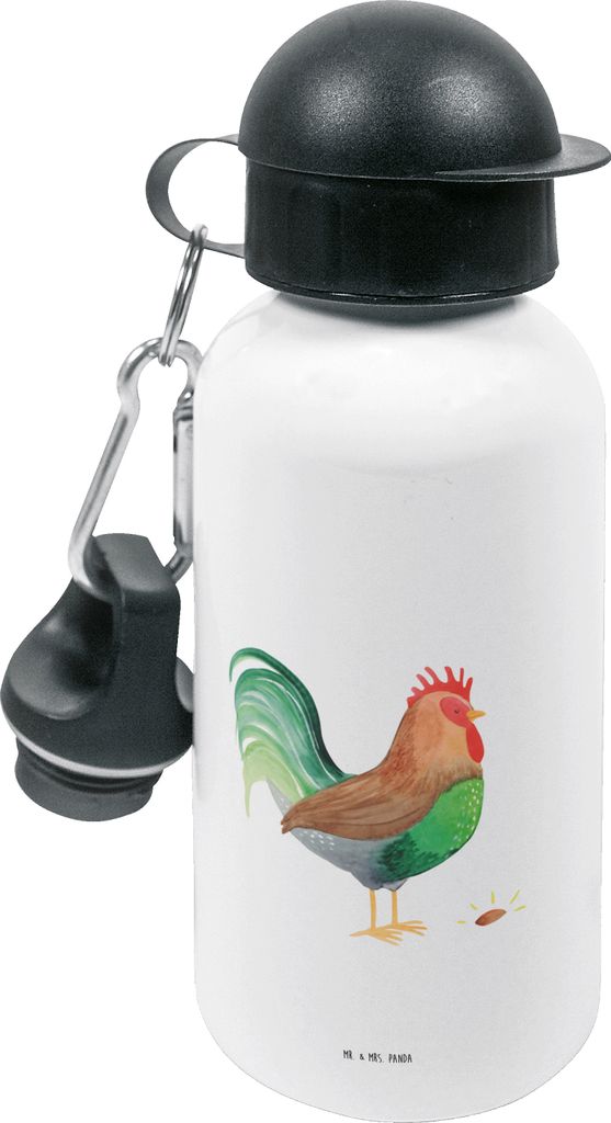 Mr. & Mrs. Panda Trinkflasche Hahn Korn - Weiß - Geschenk, Wasserflasche, Natur, Bauernhof, Henne, Getränkeflasche, schulflasche, Kinder, Kita, Eier