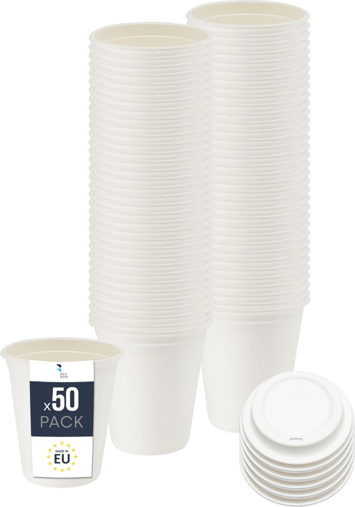 BenBow Einwegbecher aus Zuckerrohr mit Deckel, Weiß, 400 ml x 50 – Besser als Pappbecher, Umweltfreundlich, Ideal für Partys oder Kaffee