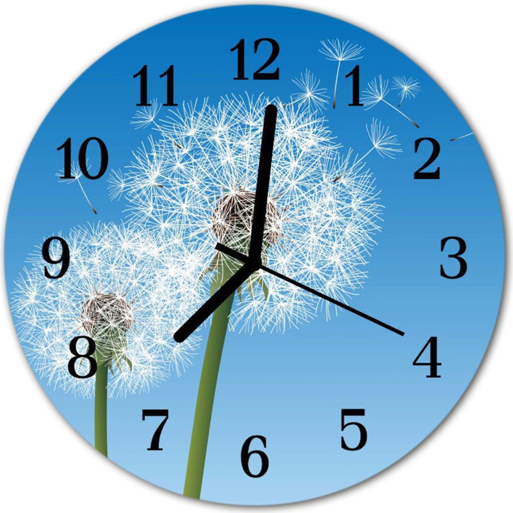 Glasuhr Wanduhr Küchenuhr Echt-Glas 30fi cm Pusteblumen blau