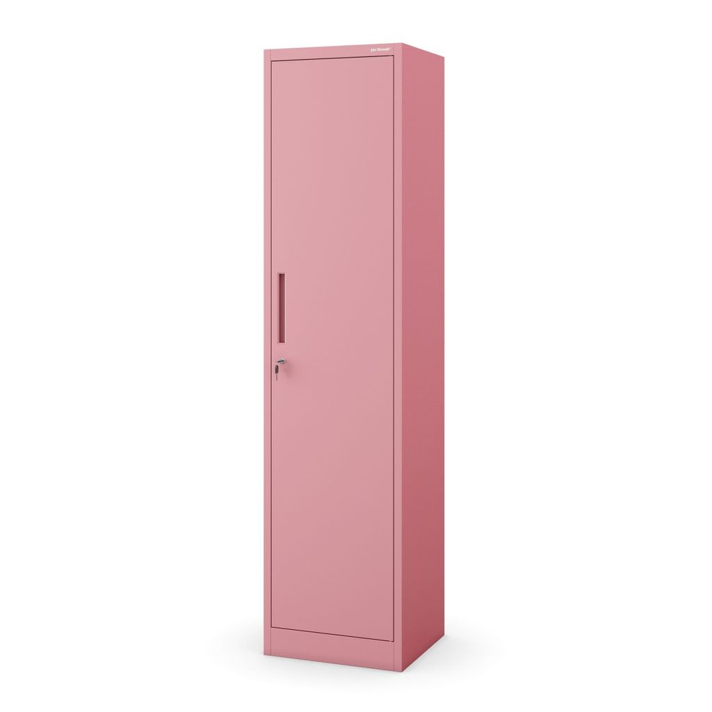 A pink metal cabinet is shown against a white background.