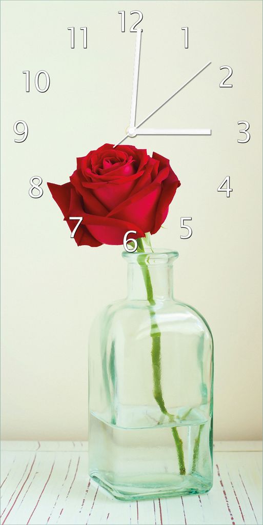 Wallario Design Wanduhr Rote Rose in Glasvase aus Echtglas, Größe 30 x 60 cm