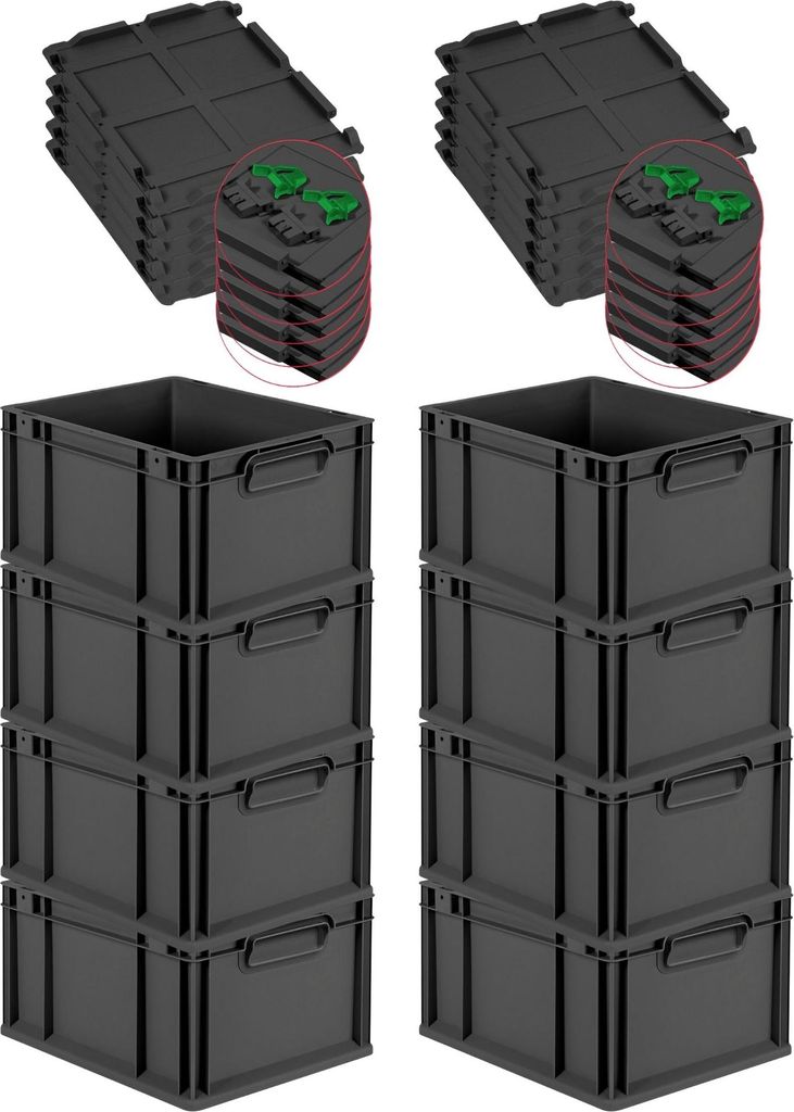 SuperSparSet 8x Eurobox NextGen Grip mit Scharnierdeckel und grünen Schiebeschnappverschlüssen | HxBxT 22x30x40cm | 20 Liter | Schwarz | Griffe g...