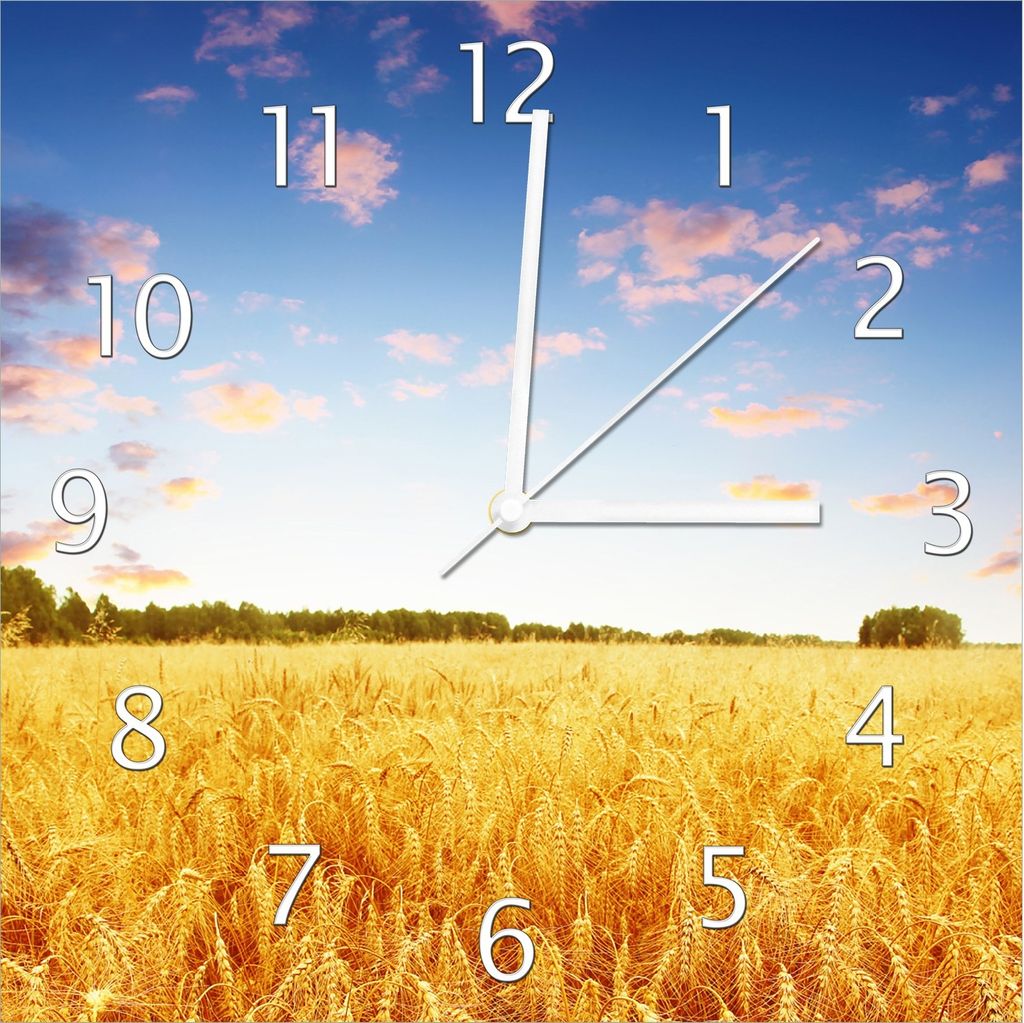 Wallario Design Wanduhr Weizenfeld unter blauem Himmel aus Echtglas, Größe 30 x 30 cm