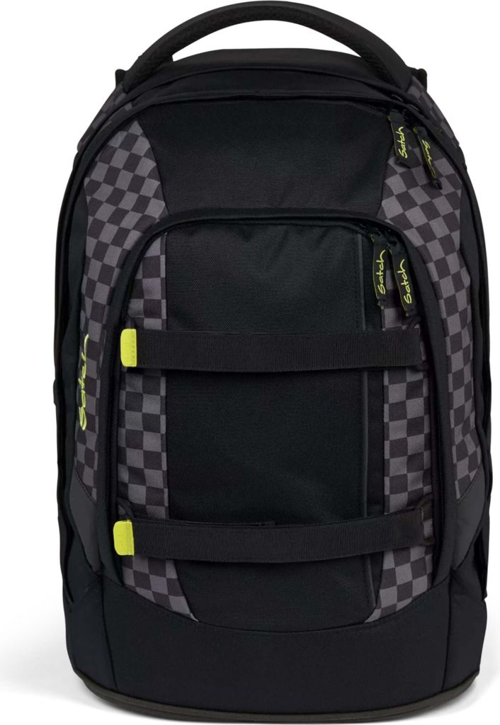 A black and gray checkered backpack with yellow accents.