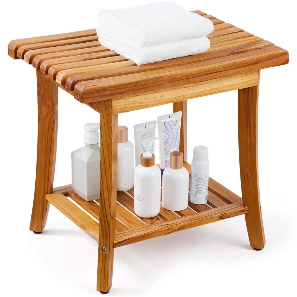 Tabouret de douche en bois de teck avec étagère - Siège de bain luxe 50cm
