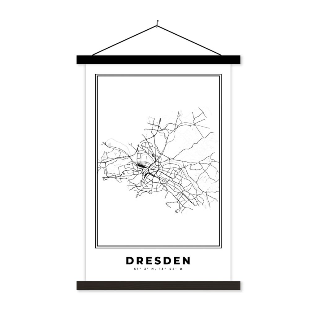 MuchoWow Textilposter Stadtplan - Schwarz und weiß - Karte - Dresden - Deutschland 60x90 cm mit schwarzem Rahmen - Poster Wohnzimmer