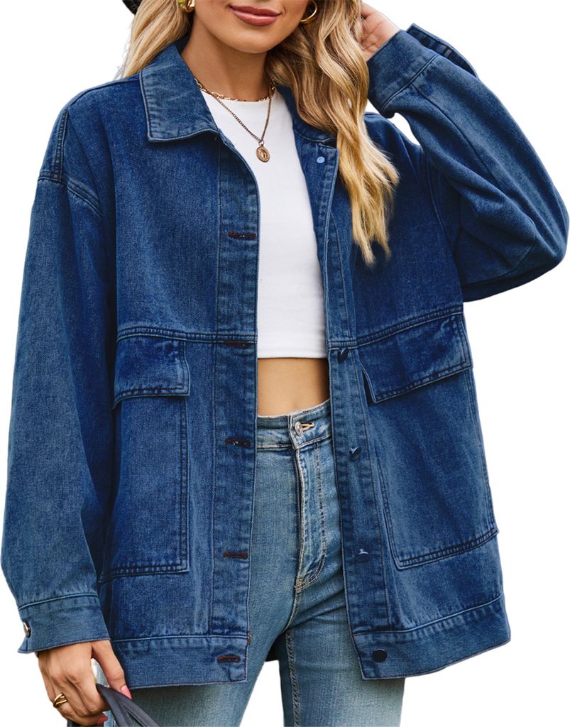 ASKSA Damen Jeansjacke Laessig Locker Revers Boyfriend Outwear Retro Jacke Mantel und Knoepfen, Dunkelblau, S