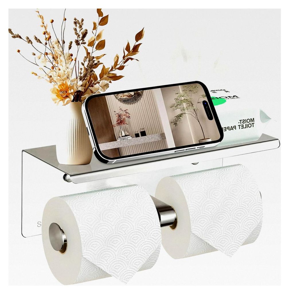 Wandmontierter Toilettenpapierhalter aus Edelstahl - Doppelrollen Hygienepapierhalter mit Ablage | Stabiler WC-Papierhalter für kleine Badezimmer,...
