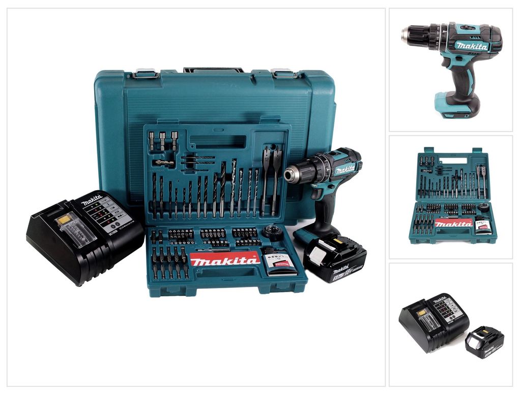 Makita DHP 482 STK Akku Schlagbohrschrauber 18V 62Nm + 1x Akku 5,0Ah + Ladegerät + 100 tlg. Bit Bohrer Set + Koffer