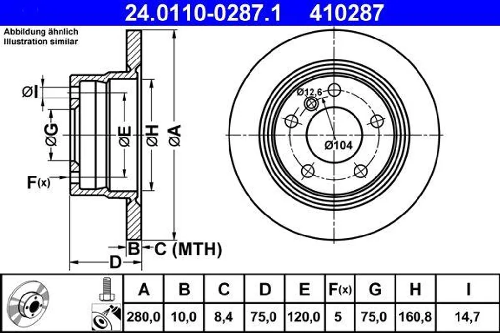Disque de frein ATE 24.0110-0287.1 pour BMW Z4 E85 - OE 34216766225