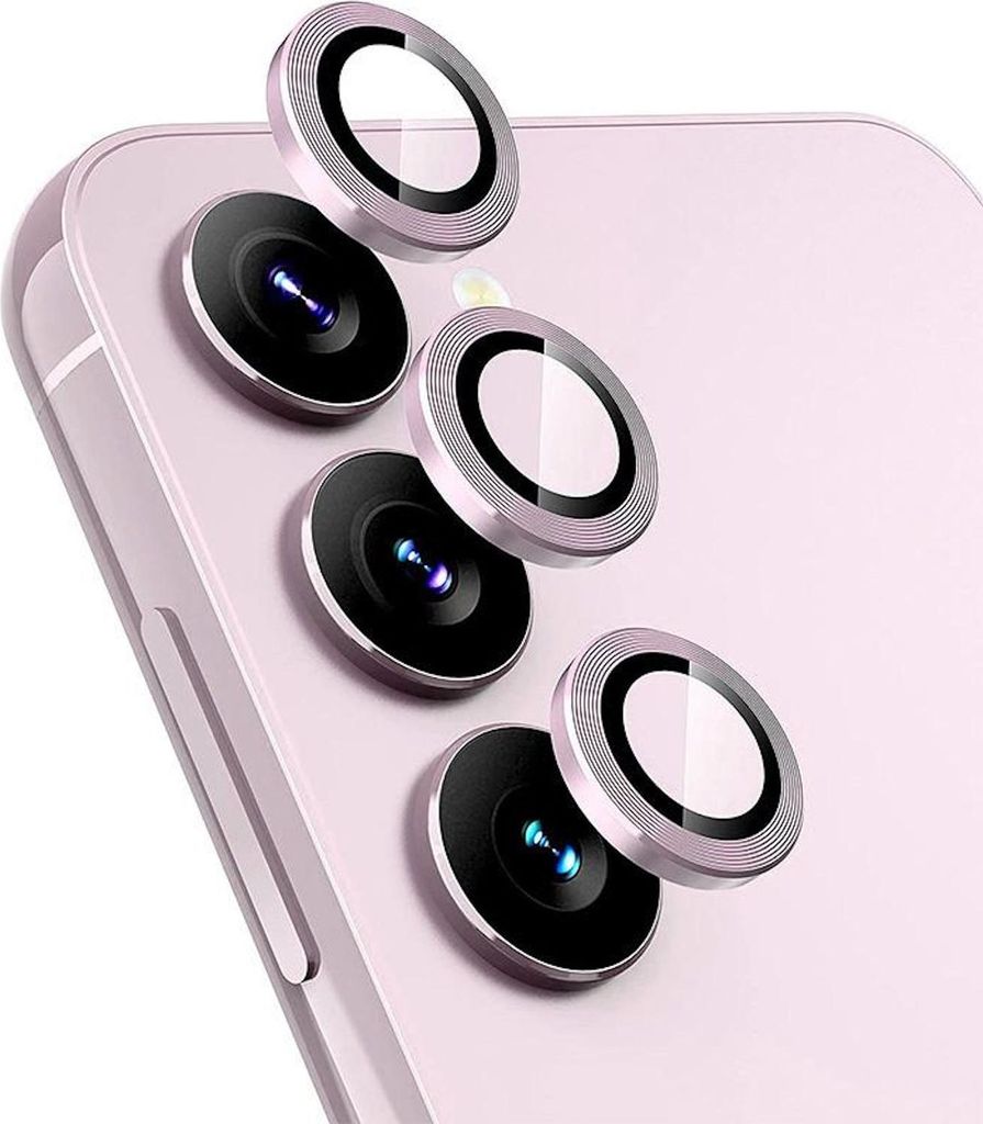 A close-up view of multiple camera lens protectors on the back of a pink smartphone.