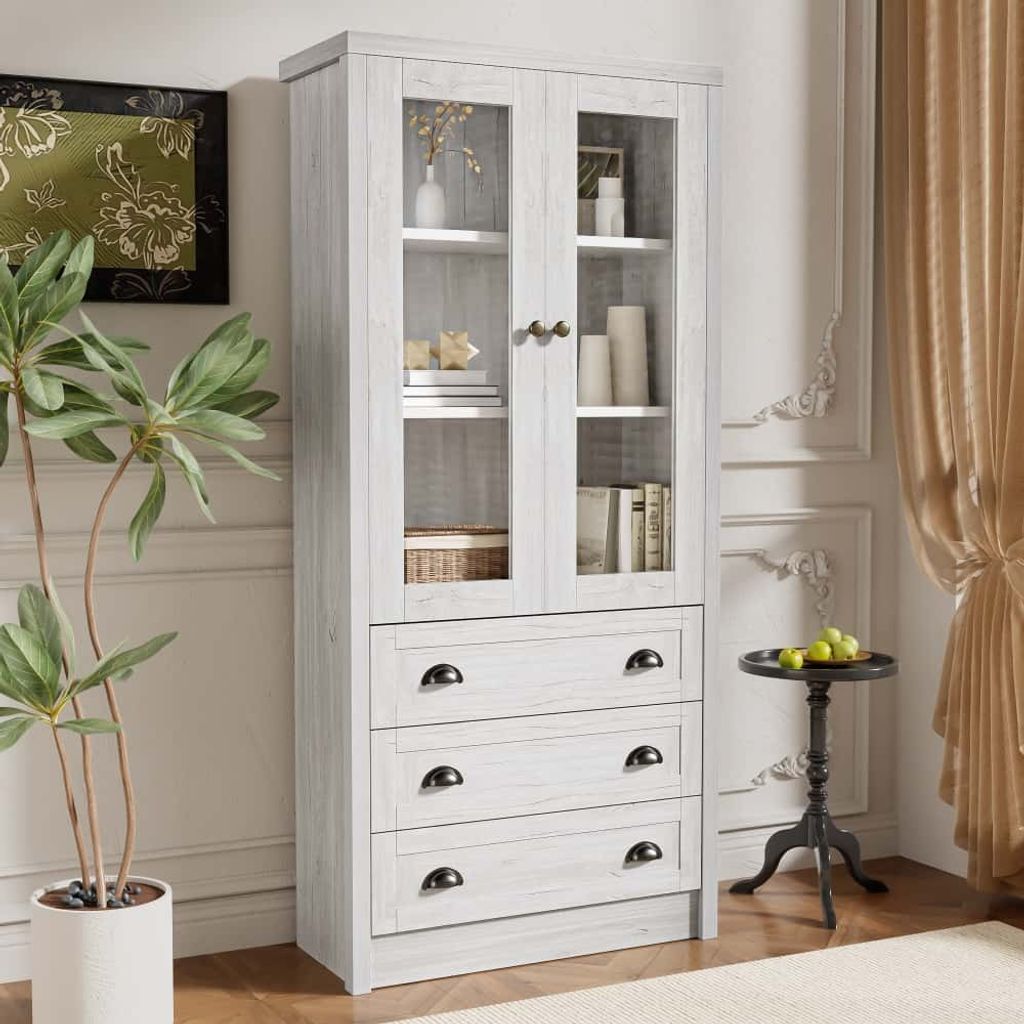 AIORBER Kommoden, mit Glastüren, 3 Schubladen & eleganten Kupfergriffen, Highboard Schrank, 80 x 34 x 171 cm, für Wohnzimmer, Büro & Flur, Holzf...