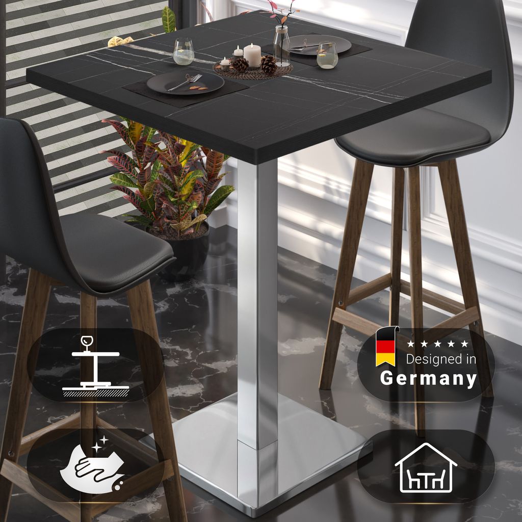 BM | Bistro Stehtisch | 80 x 80 x 108 cm | Quadratisch | Schwarzer Rand | Schwarz Marmor / Edelstahl | Gastro Steh Tisch Restaurant