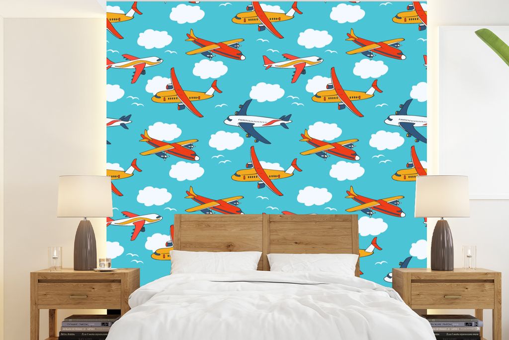 MuchoWow Fototapete für Wohnzimmer oder Schlafzimmer Wandtapete Vinyl Motivtapete Muster - Flugzeug - Wolke - Luft - Junge - Kind - Kinder - Kin...