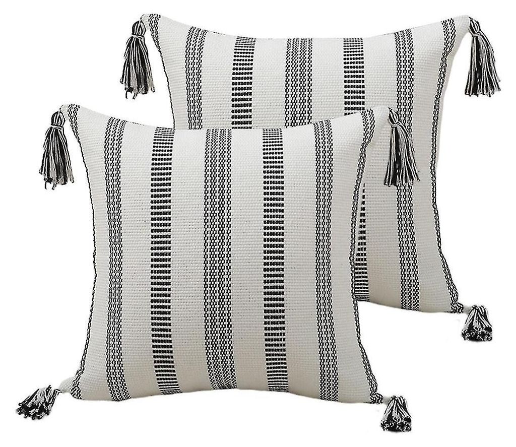2er-Set dekorative, gestreifte Kissenbezüge in Schwarz und Weiß, moderner, strukturierter Landhausstil (45 x 45 cm)