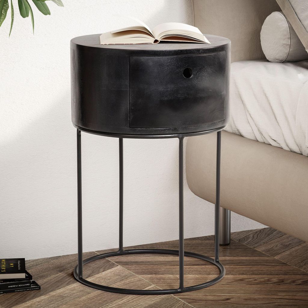 FineBuy Nachtkonsole rund Mango Massivholz Schwarz mit Produktbild 
