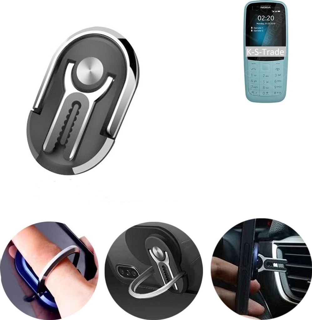 K-S-Trade 3in1 Smartphone-Ring Handy-Ring kompatibel mit Nokia 220 4G Fingerhalterung Handyring Tischständer Lüftungsgitter-Halterung Tisch