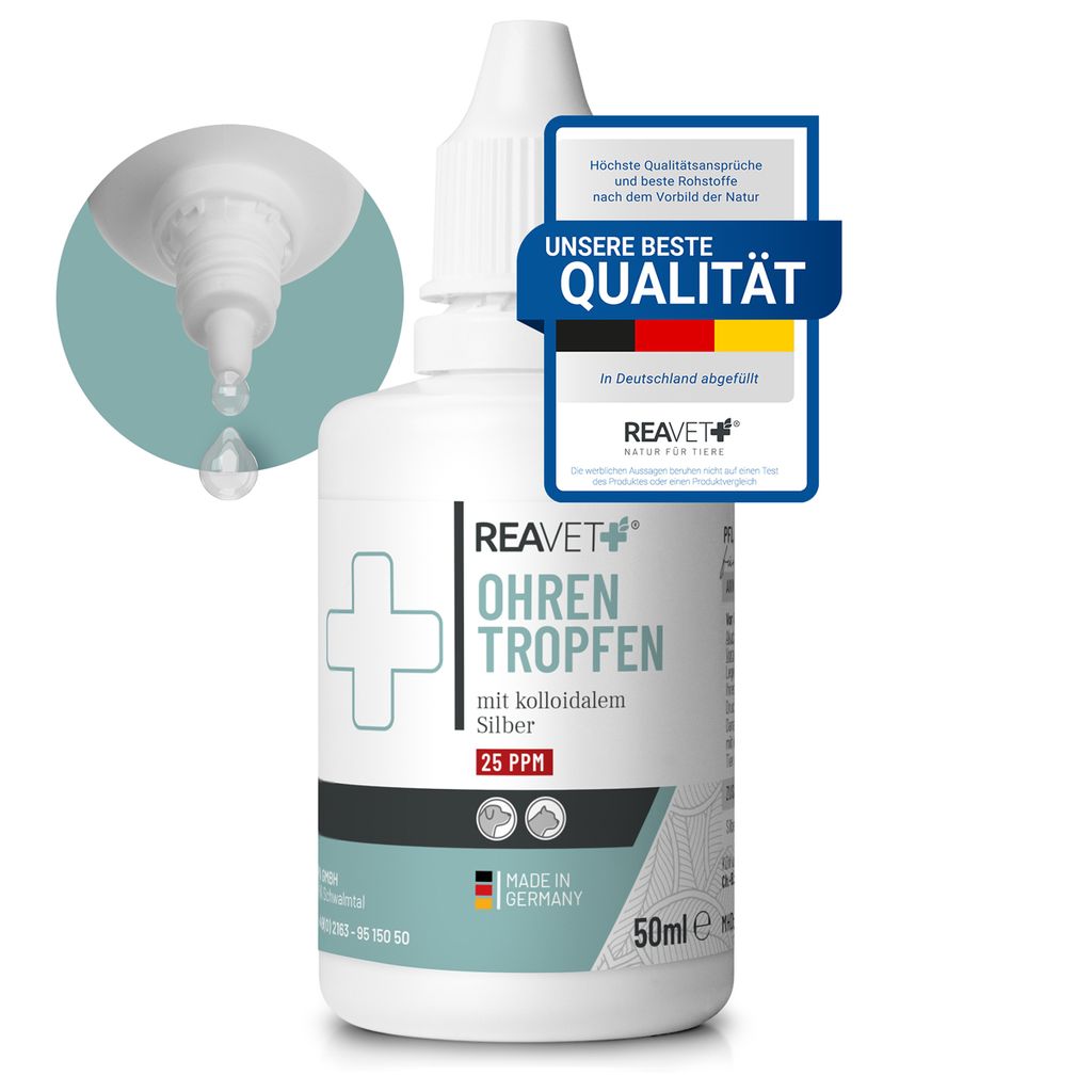 REAVET Ohrentropfen mit kolloidalem Silber 50ml I für Hunde & Katzen I Bei Ohrentzündungen, Juckreiz und Irritationen, Ohrenpflege, Ohrenhygiene,...